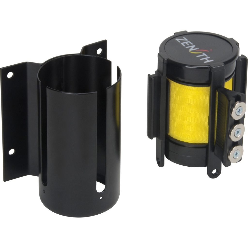 [ZEN-SGQ995] Barrière de foule à ruban rétractable magnétique, fixation murale, noir ruban jaune de 12'