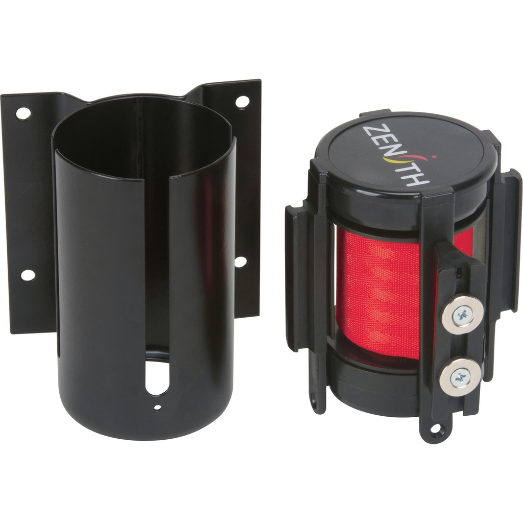 Barrière de foule à ruban rétractable magnétique, fixation murale, noir ruban rouge de 7'