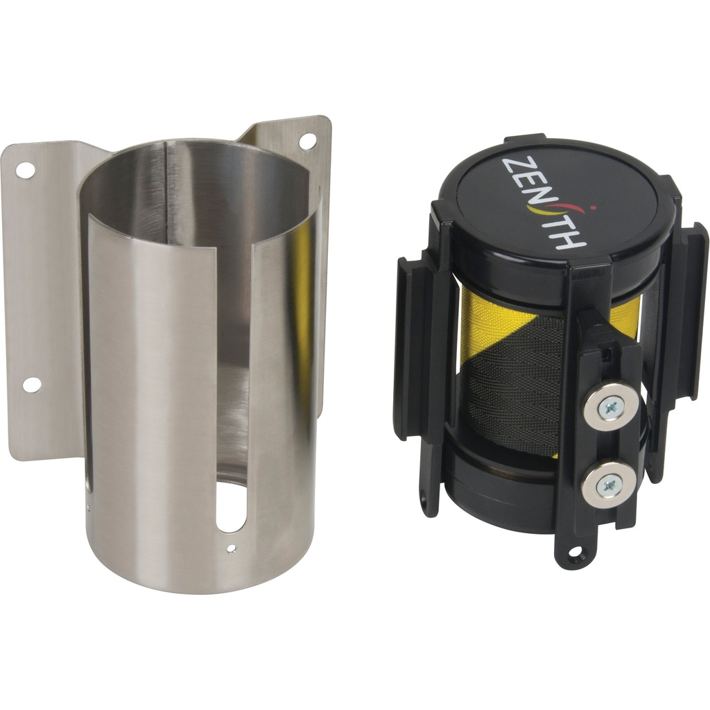 Barrière de foule à ruban rétractable magnétique, fixation murale, acier inoxydable ruban noir et jaune de 7'