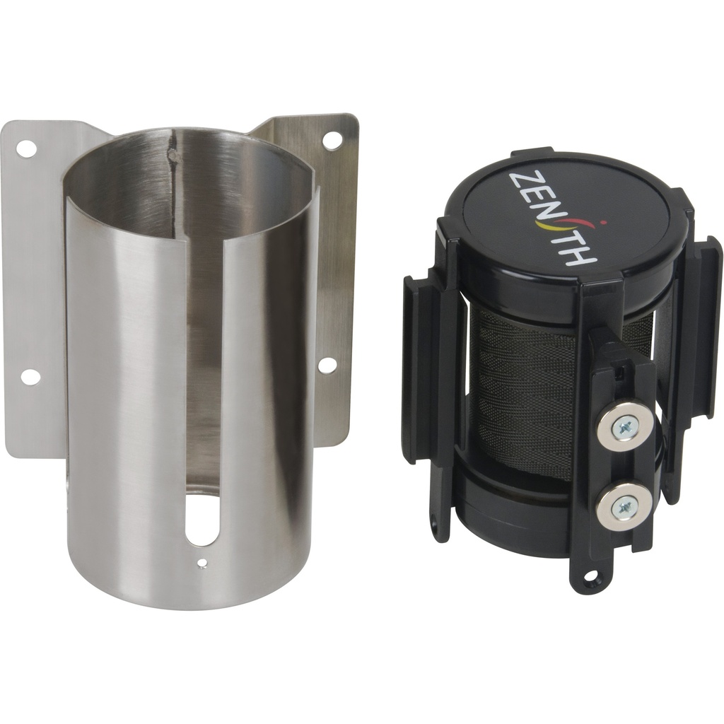 Barrière de foule à ruban rétractable magnétique, fixation murale, acier inoxydable ruban noir de 7'