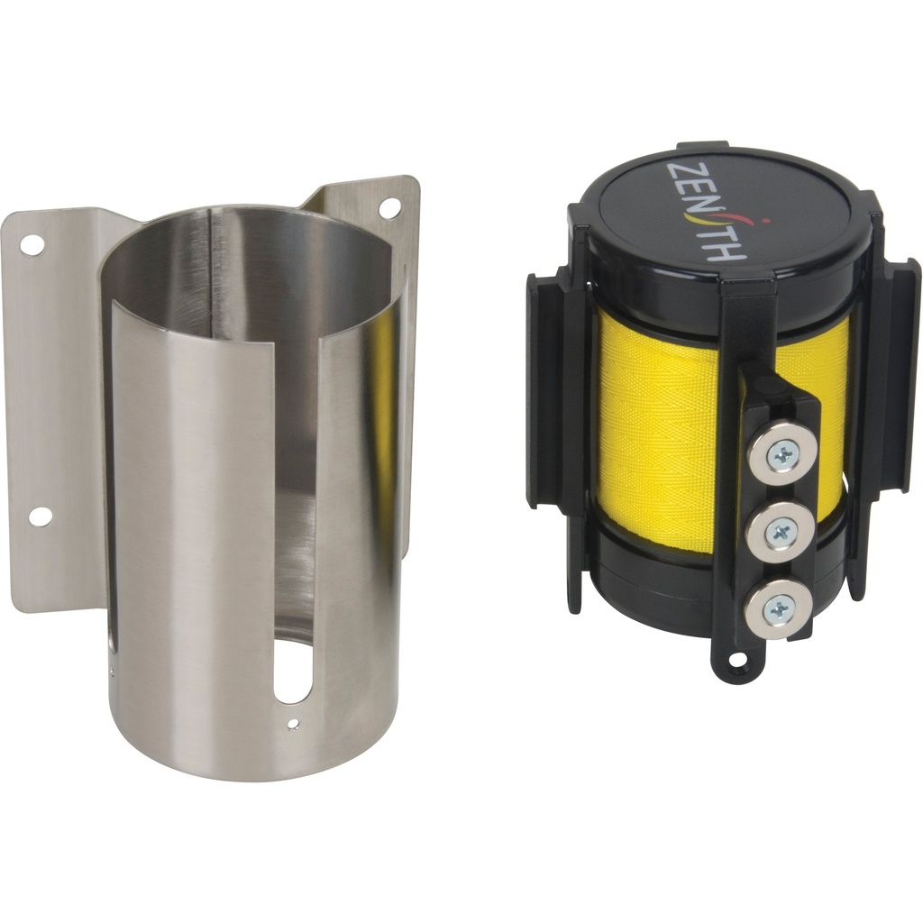 Barrière de foule à ruban rétractable magnétique, fixation murale, acier inoxydable ruban jaune de 12'