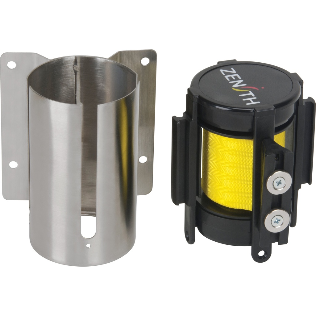 Barrière de foule à ruban rétractable magnétique, fixation murale, acier inoxydable ruban jaune de 7'