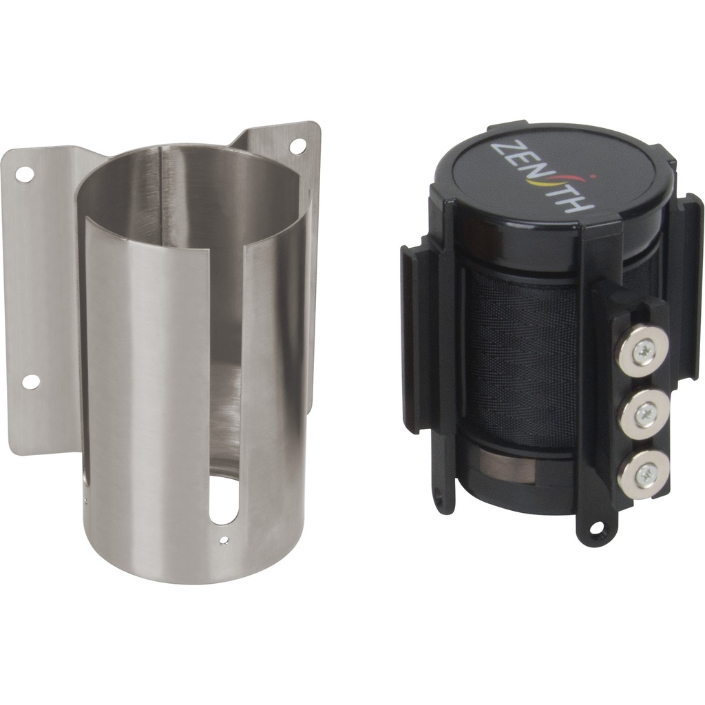 Barrière de foule à ruban rétractable magnétique, fixation murale, acier inoxydable ruban noir de 12'