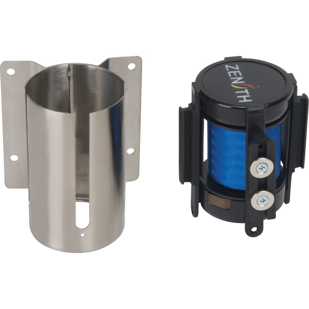 Barrière de foule à ruban rétractable magnétique, fixation murale, acier inoxydable ruban bleu de 7'