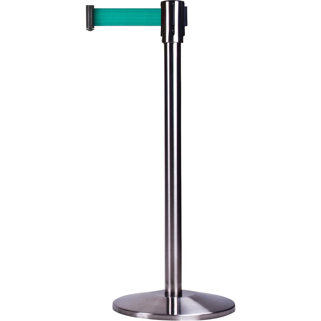 Barrière de foule sur pied avec ruban rétractable acier inoxydable ruban vert de 7'