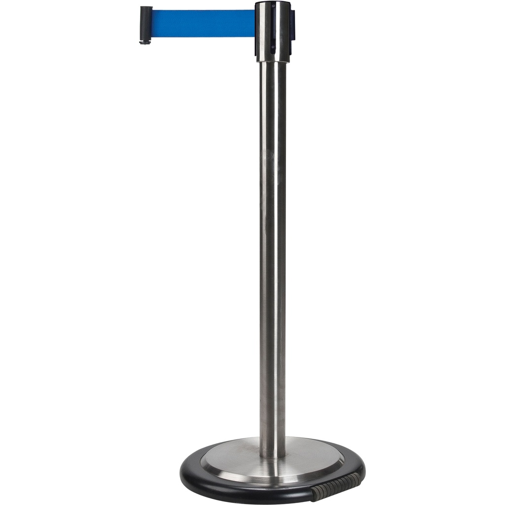 Barrière de foule sur pied avec ruban rétractable acier inoxydable ruban bleu de 7'