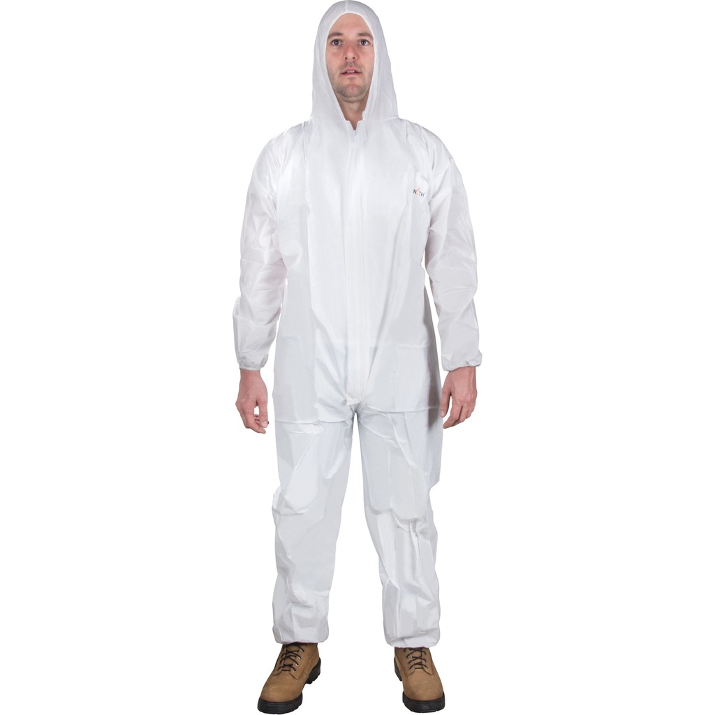 [ZEN-SGM440] Couvre-tout en polypropylène SMS 53 GSM blanc avec élastique aux poignets et chevilles et capuchon Large