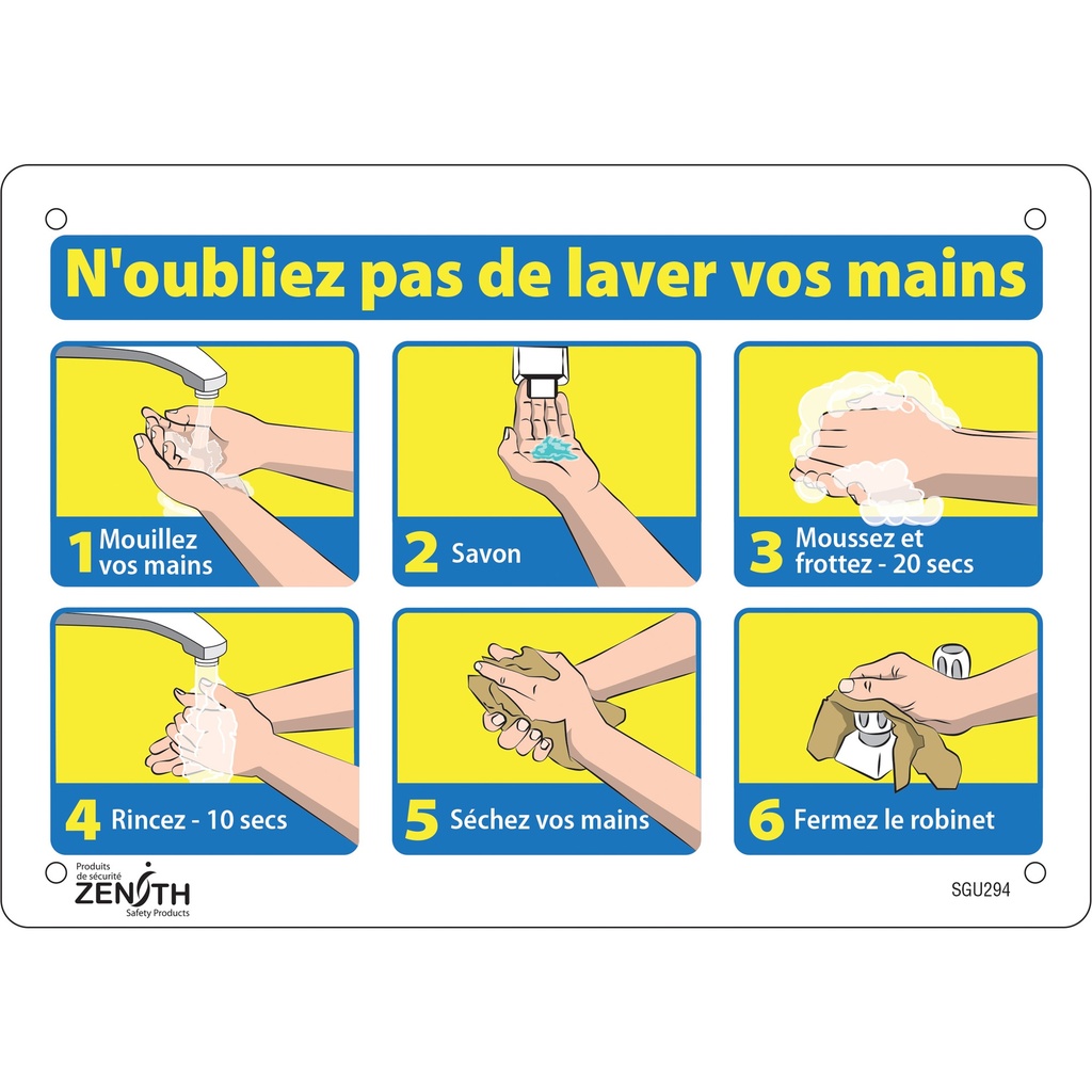 Enseigne "N'oubliez pas de laver vos mains" Plastique 10" x 7"