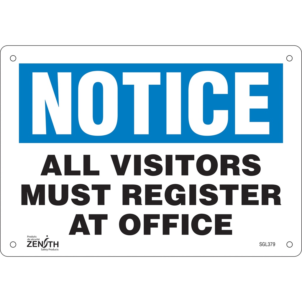 Enseigne «All Visitors Must Register» Aluminium 10" x 7"