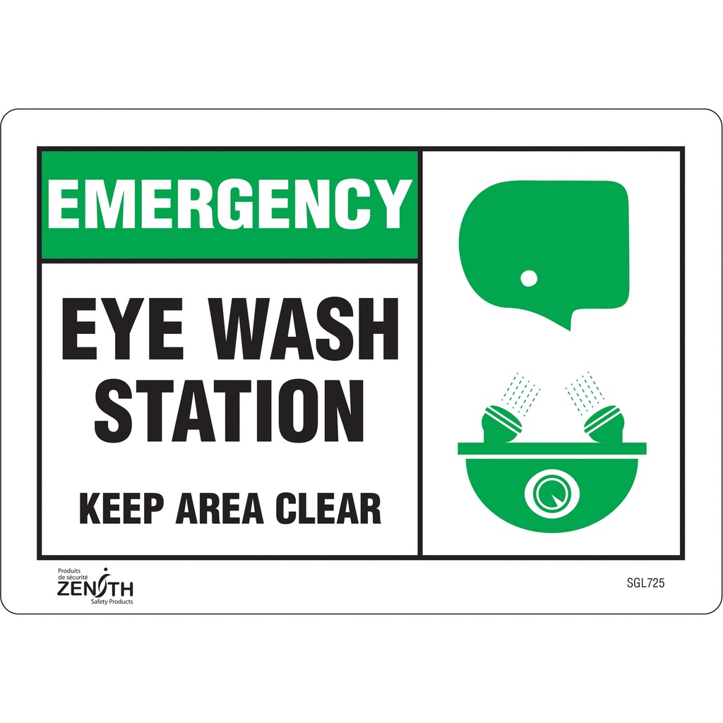 [ZEN-SGL725] Enseigne «Eye wash Station Keep Area Clear» Vinyle 10" x 7"