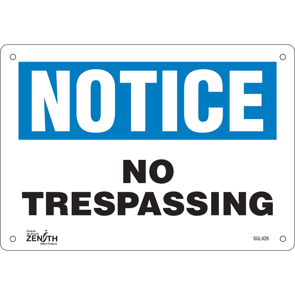 [ZEN-SGL426] Enseigne «No Trespassing» Plastique 10" x 7"