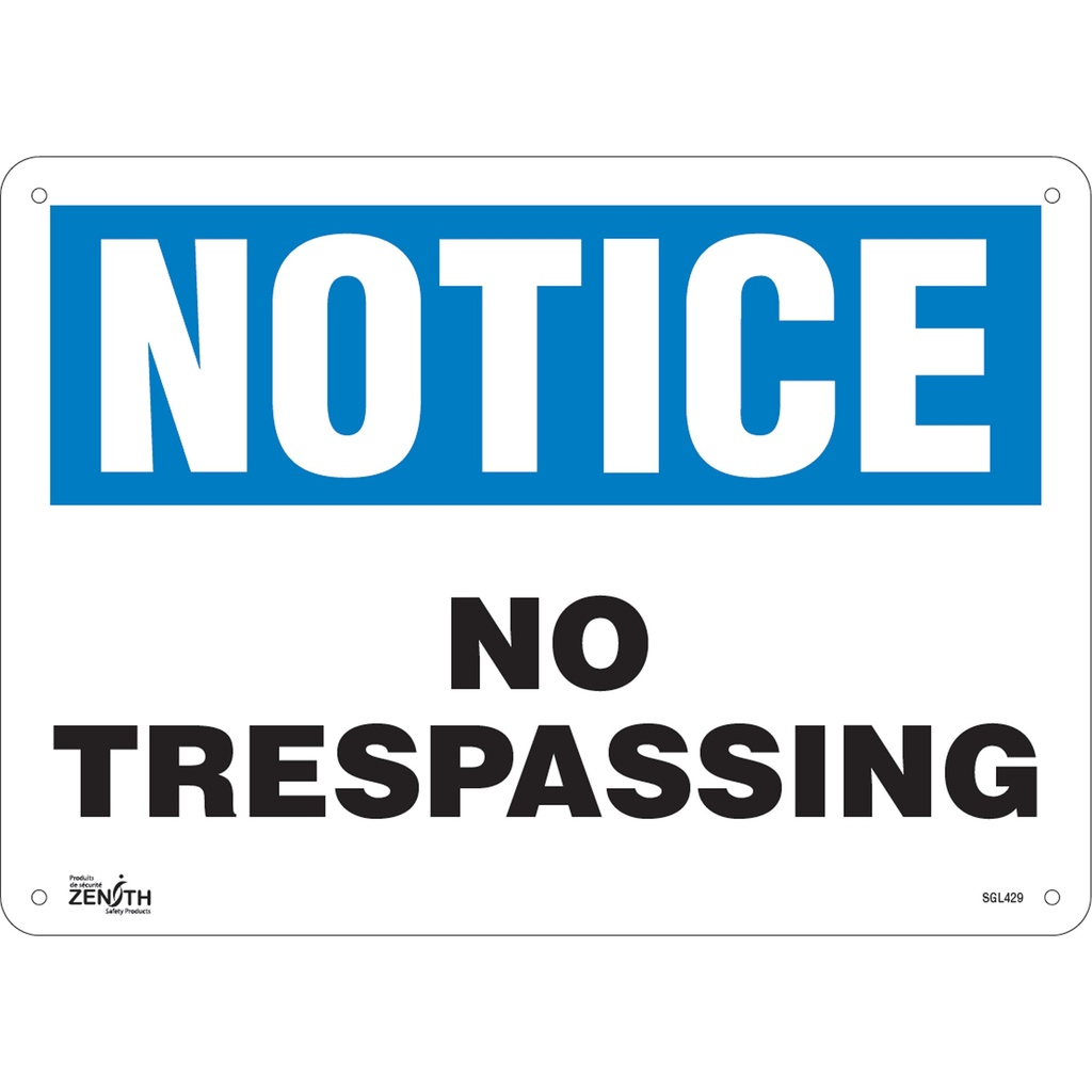 Enseigne «No Trespassing» Plastique 14" x 10"