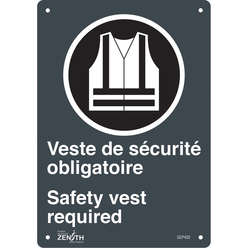 Enseigne «Port du dossard obligatoire/Safety Vest Required» Aluminium 7" x 10"