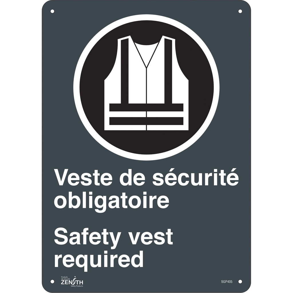 [ZEN-SGP405] Enseigne «Port du dossard obligatoire/Safety Vest Required» Aluminium 10" x 14"