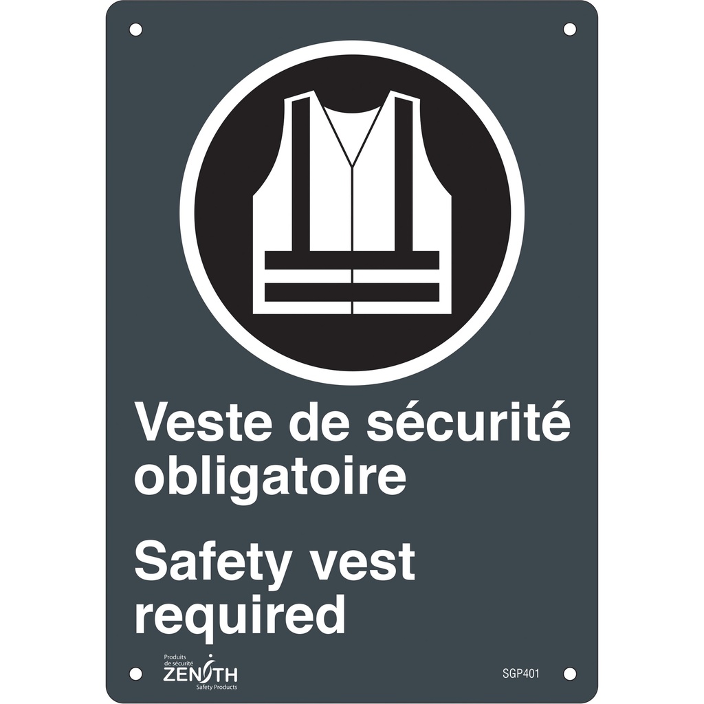 [ZEN-SGP401] Enseigne «Port du dossard obligatoire/Safety Vest Required» Plastique 7" x 10"