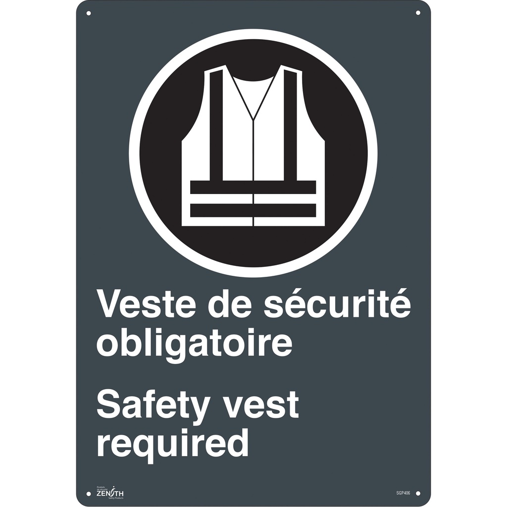 Enseigne «Port du dossard obligatoire/Safety Vest Required» Plastique 14" x 20"