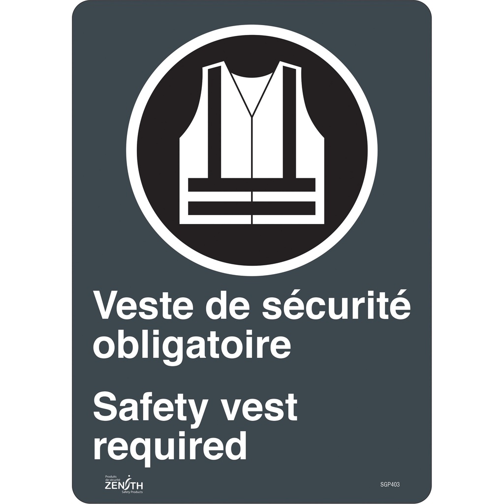 Enseigne «Port du dossard obligatoire/Safety Vest Required» Vinyle 10" x 14"