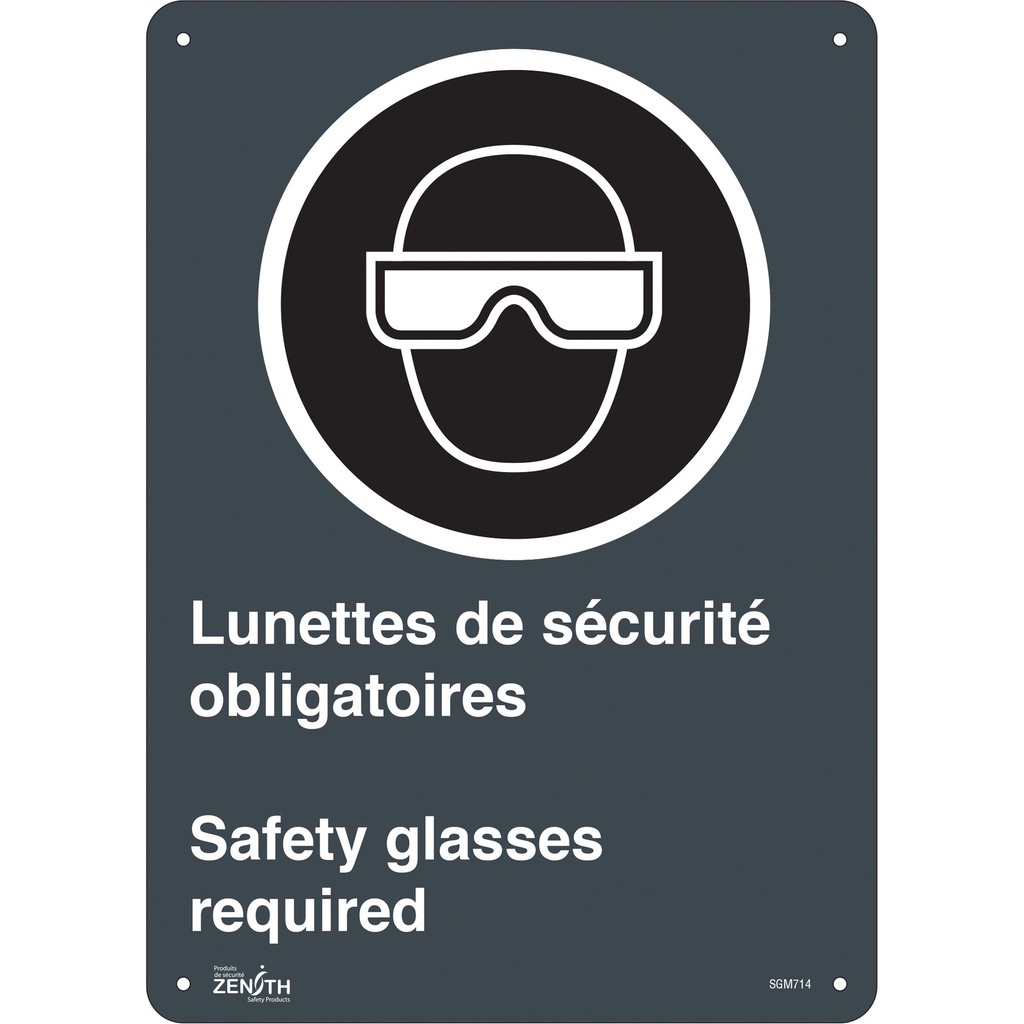 Enseigne «Safety Glasses Required/Lunettes de sécurité obligatoires» Aluminium 10" x 14"