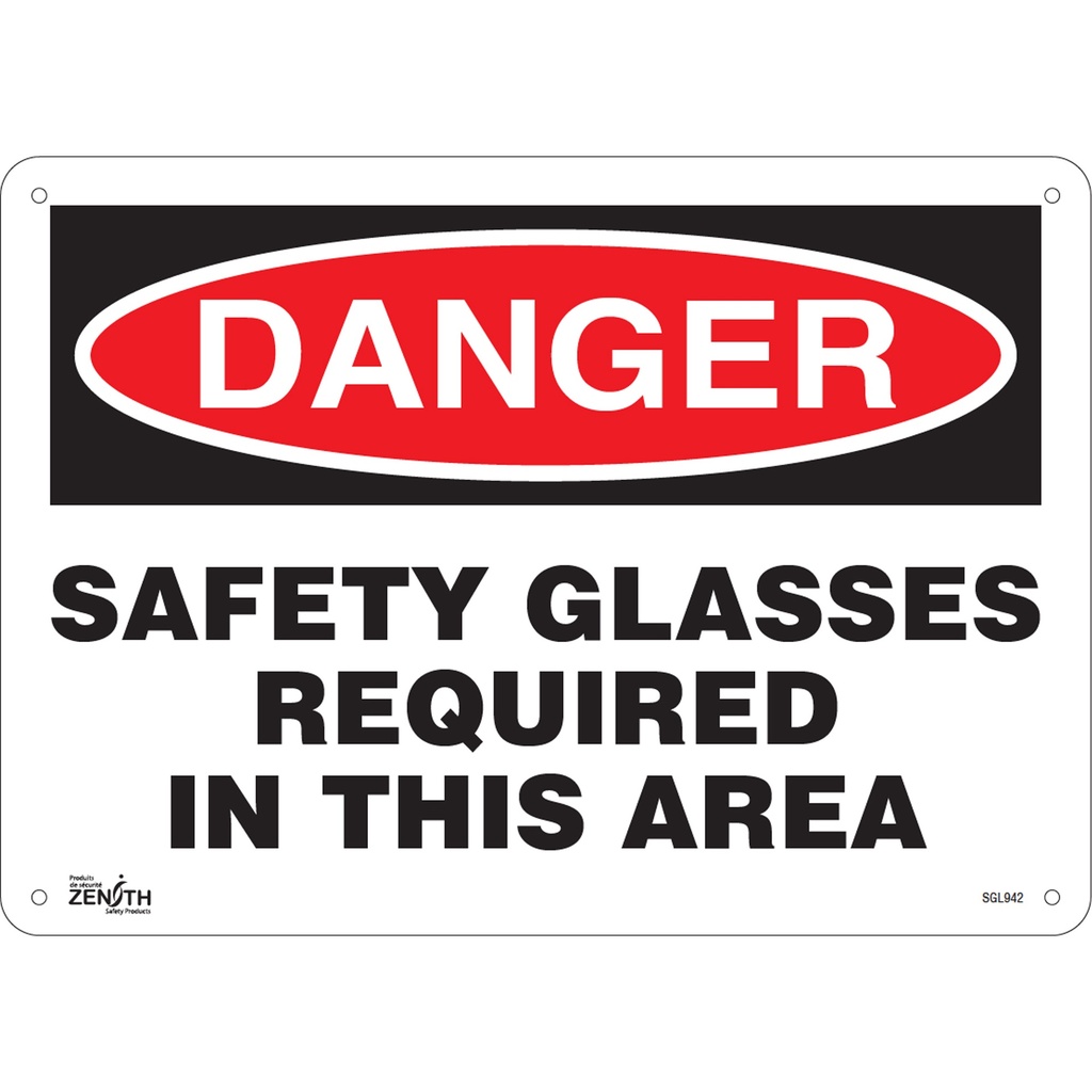 [ZEN-SGL942] Enseigne «Safety Glasses Required» Aluminium 14" x 10"