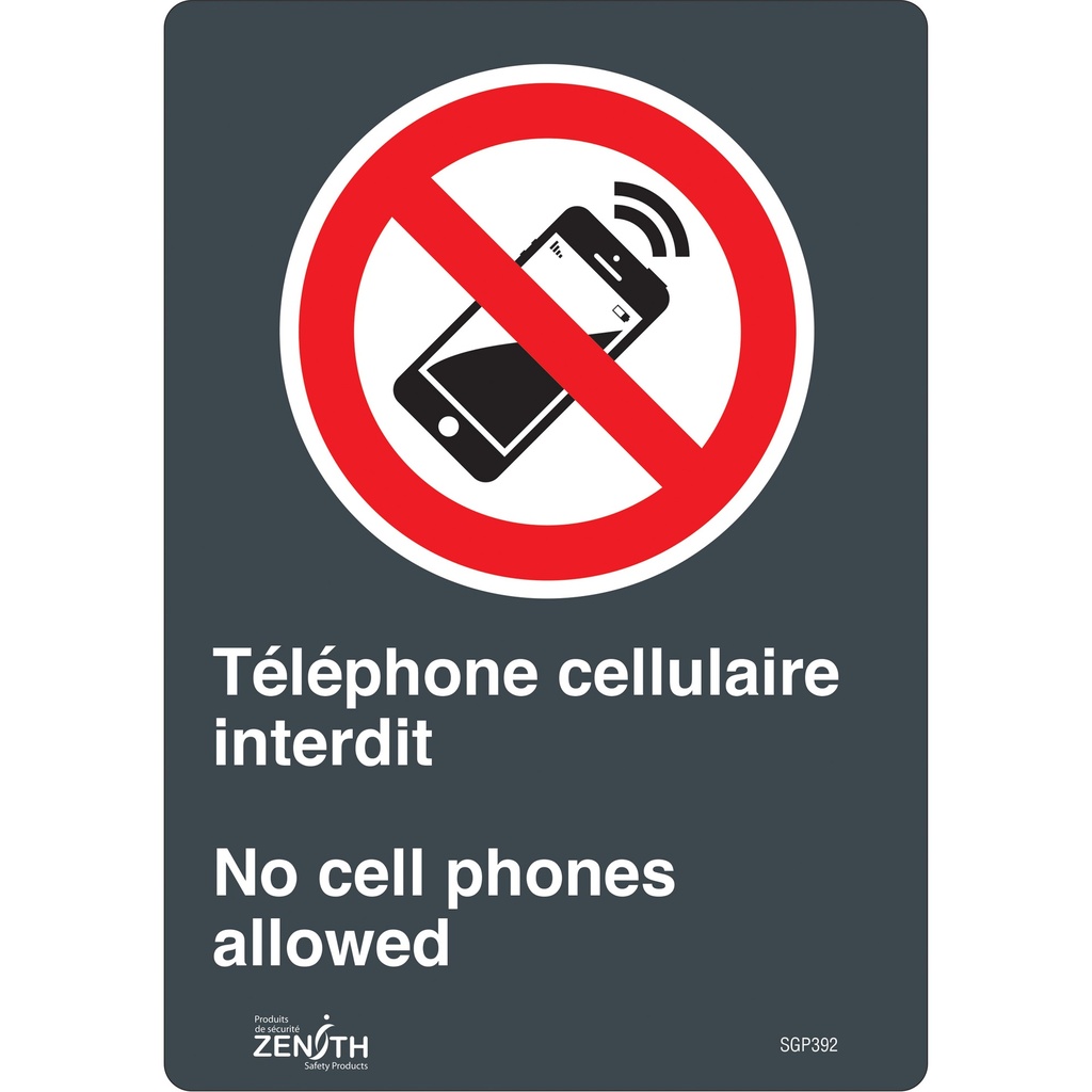 [ZEN-SGP392] Enseigne «Téléphone cellulaire interdit /No Cell Phones» Vinyle 7" x 10"