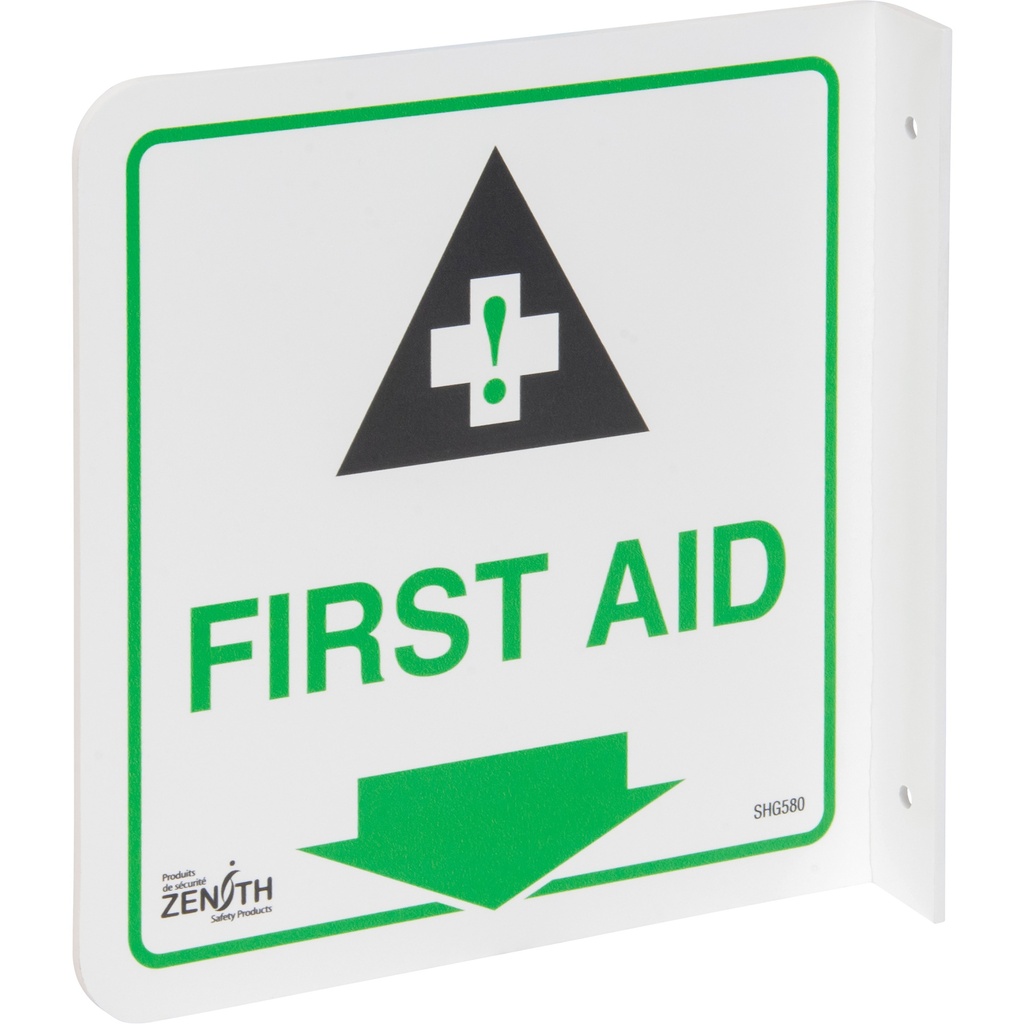 Enseigne à projection sur 90° « First Aid » Plastique 8" x 8"