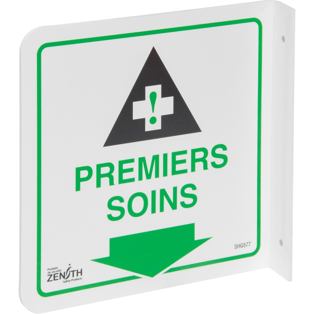 Enseigne à projection sur 90° « Premiers Soins » Plastique 8" x 8"
