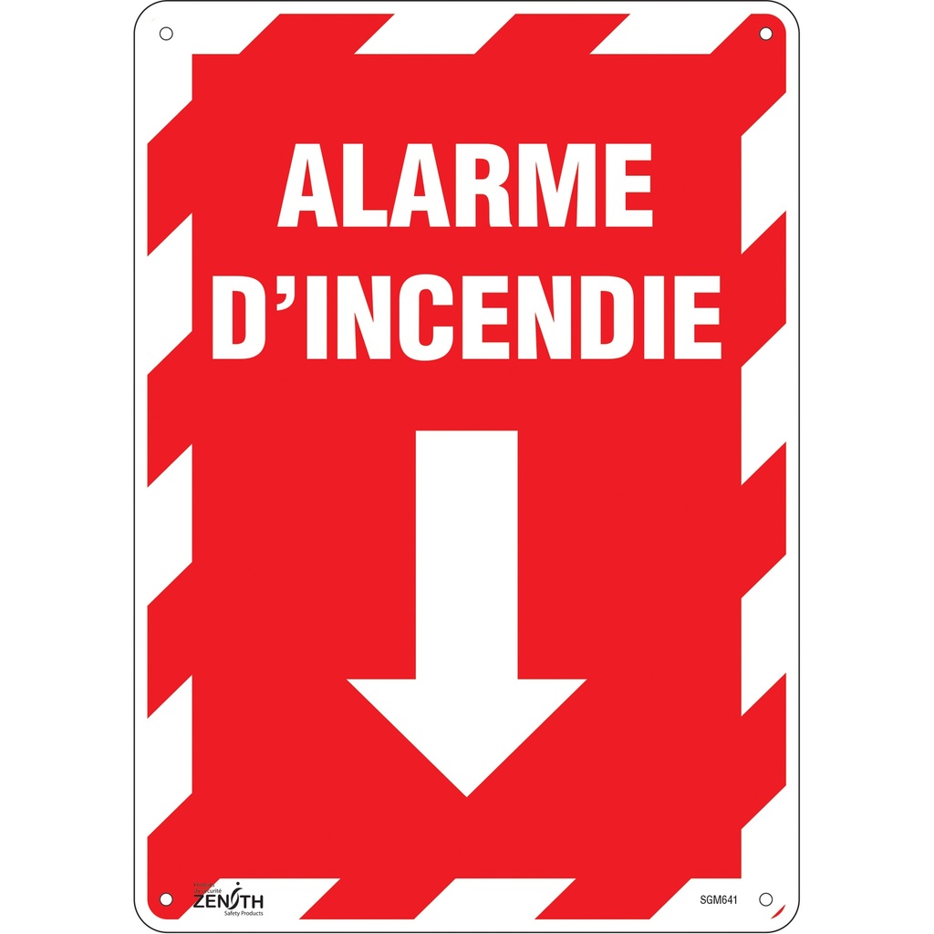 Enseigne avec flèche «Alarme D'Incendie» Plastique 10" x 14"