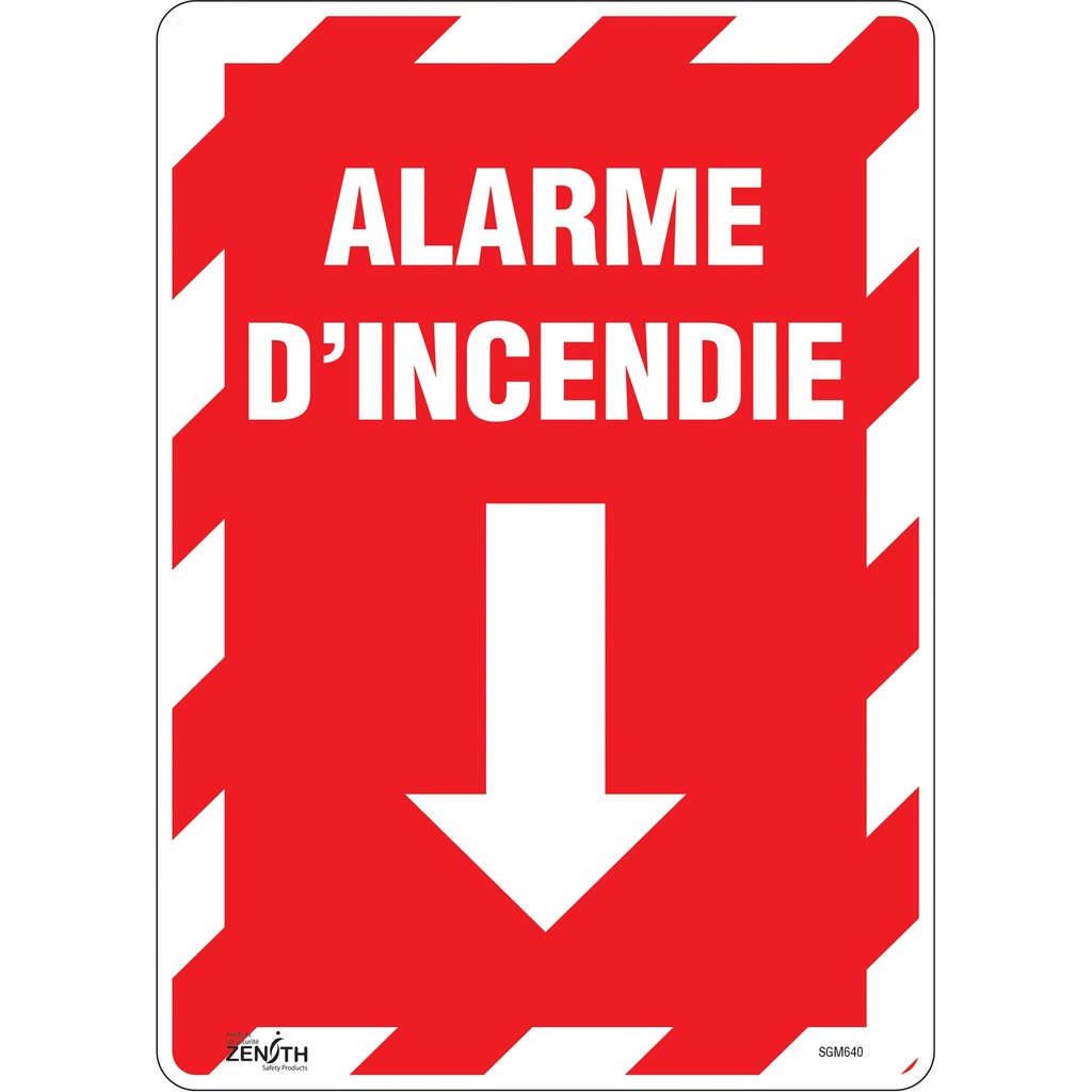 Enseigne avec flèche «Alarme D'Incendie» Vinyle 10" x 14"