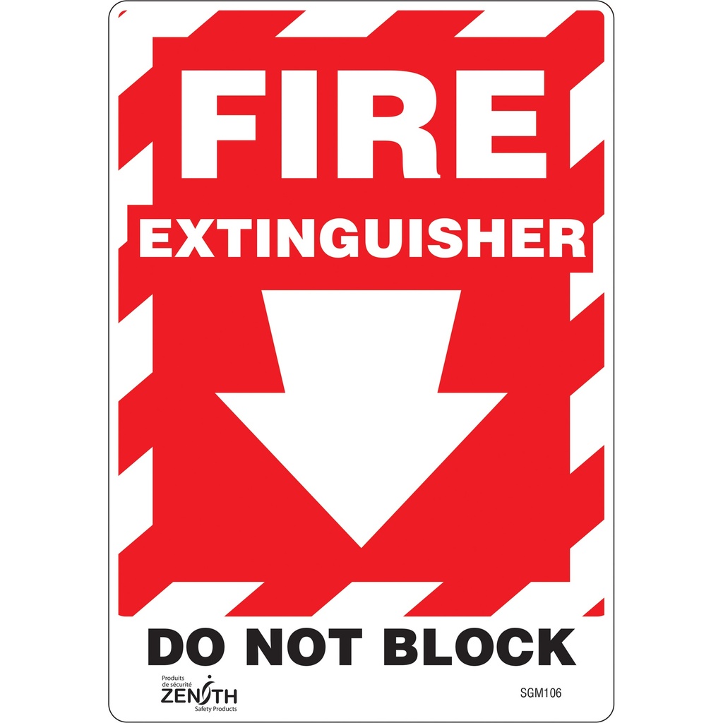 Enseigne avec flèche vers le bas «Fire Extinguisher Do Not Block» Vinyle 7" x 10"