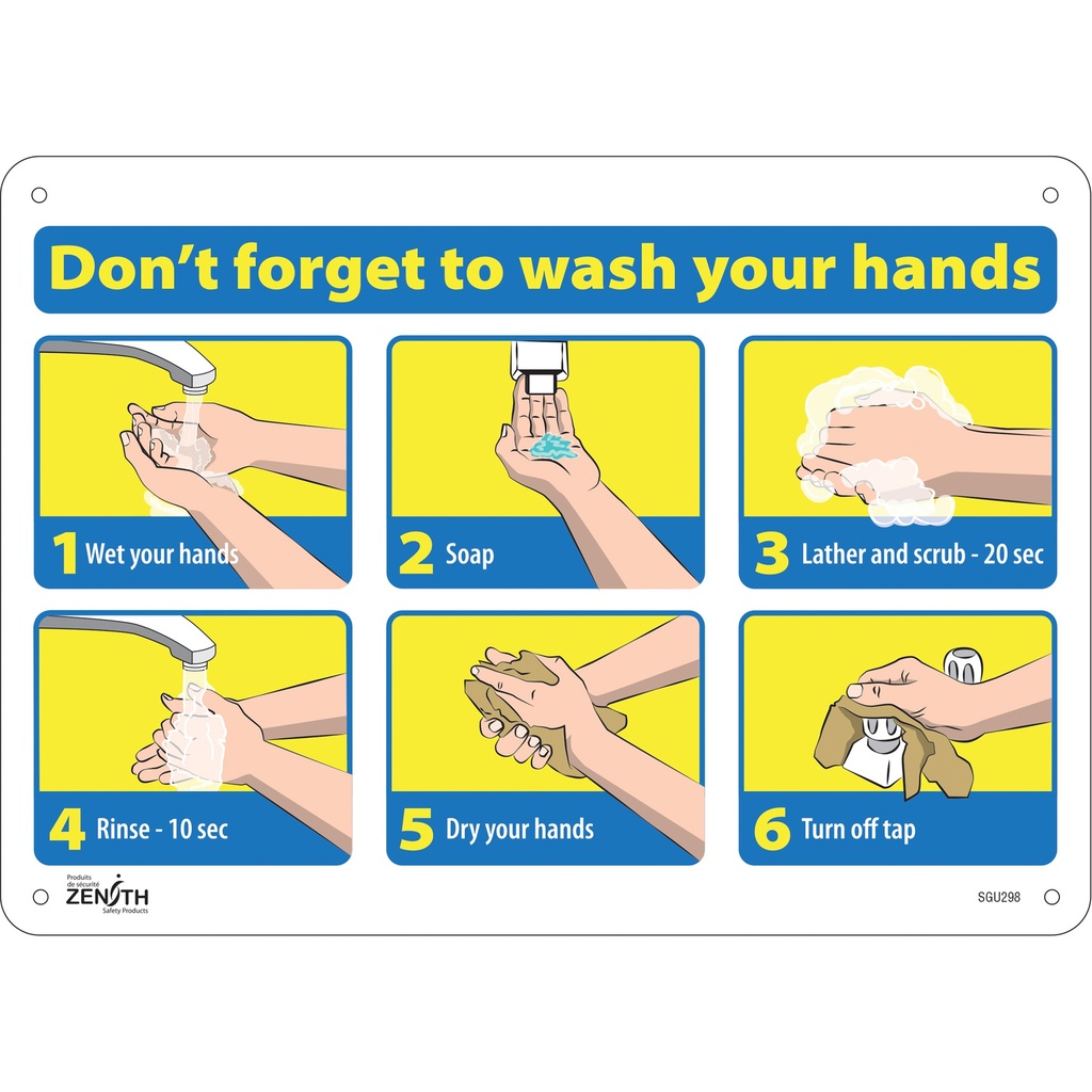 Enseigne avec pictogramme "Don't Forget to Wash Your Hands" Aluminium 14" x 10"