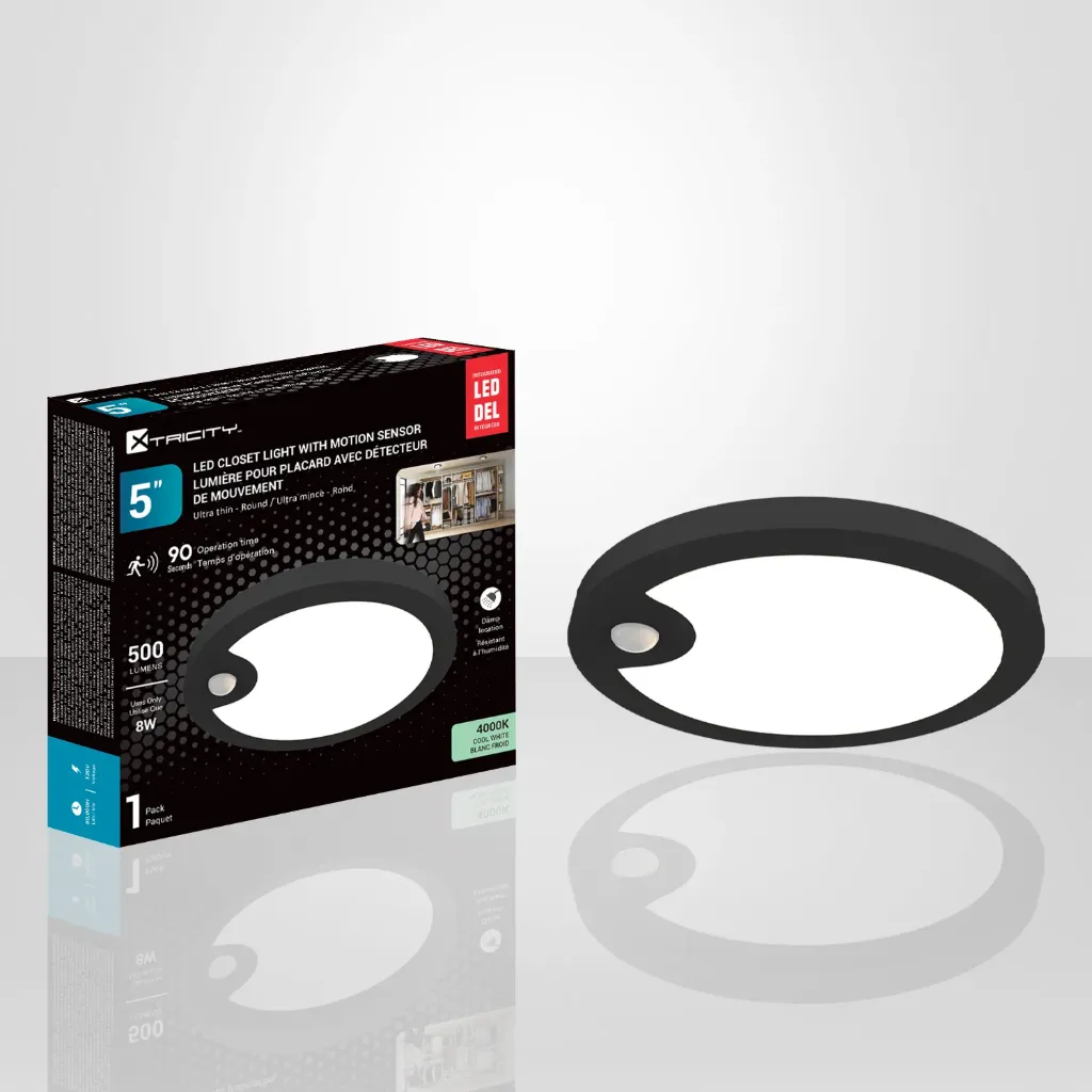 Plafonnier DEL pour garde-robe avec détecteur de mouvement rond 5" 8W , fini noir