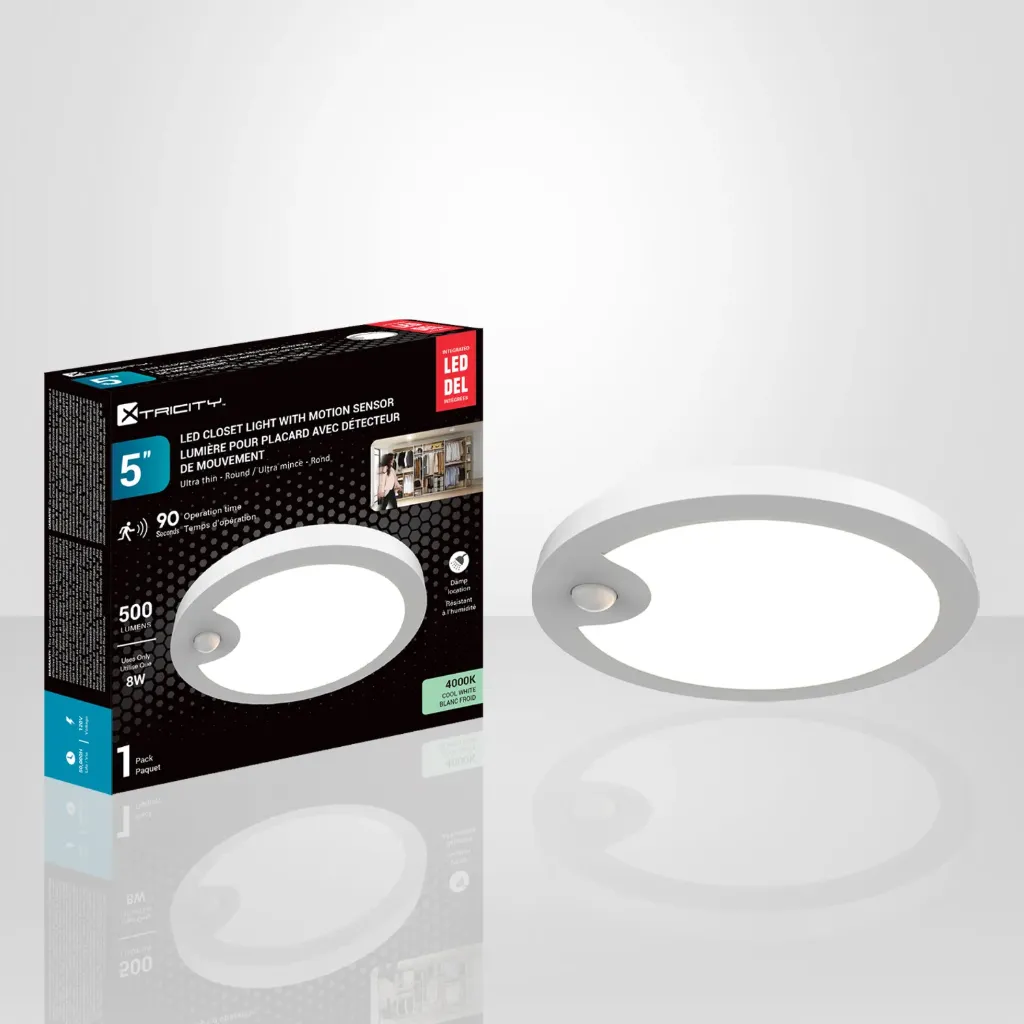 Plafonnier DEL pour garde-robe avec détecteur de mouvement rond 5" 8W , fini blanc