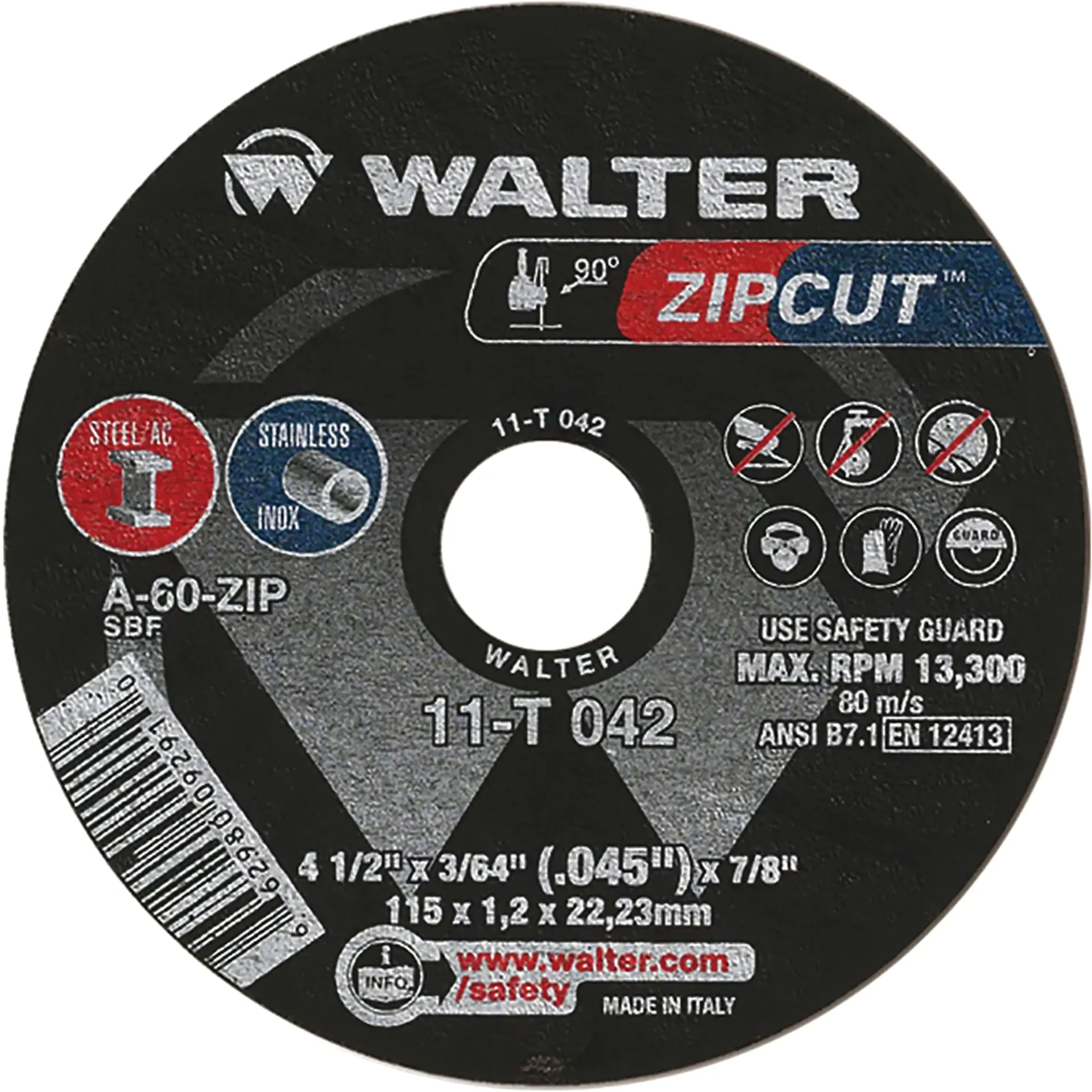 [WAL-11T042] Zipcut Meule à tronçonner 4-1/2" x 3/64" arbre 7/8" type 1 oxyde d'aluminium 13 300 tr/min pour acier / inox