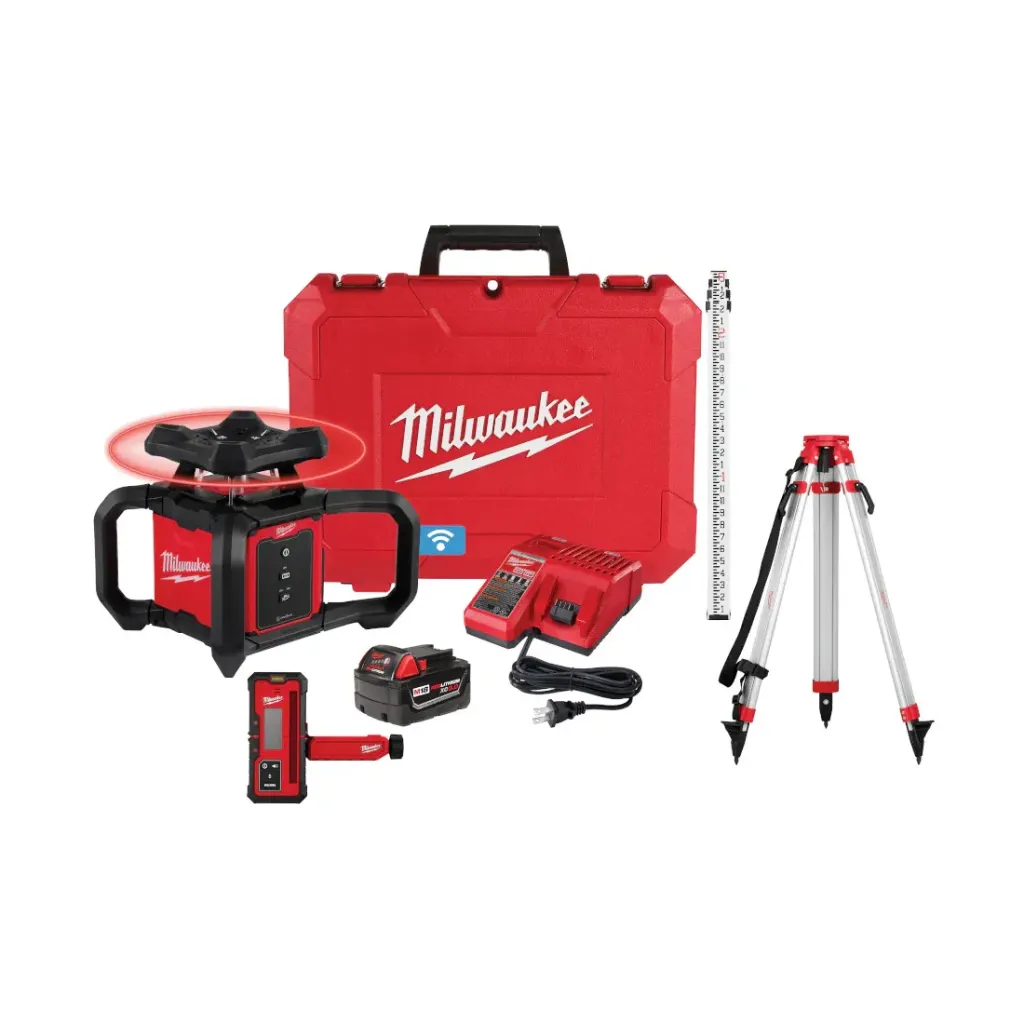 [MWK-3701-21T] M18 Ensemble de laser rotatif avec niveau extérieur rouge, récepteur, trépied, barre de niveau, pile XC3.0, chargeur et coffret