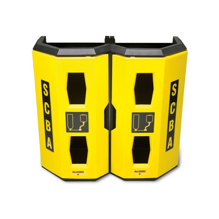 Heavy-duty wall-mounted case for high-visibility dual SCBAs, yellow