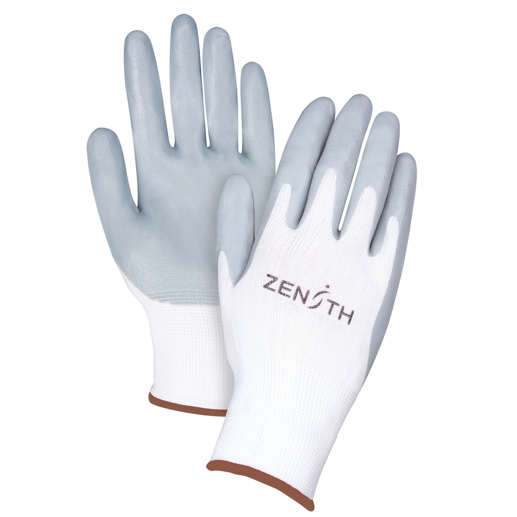 [ZEN-SAM632] Lightweight white polyester knit gloves, palm coated with gray nitrile foam, large /Pr