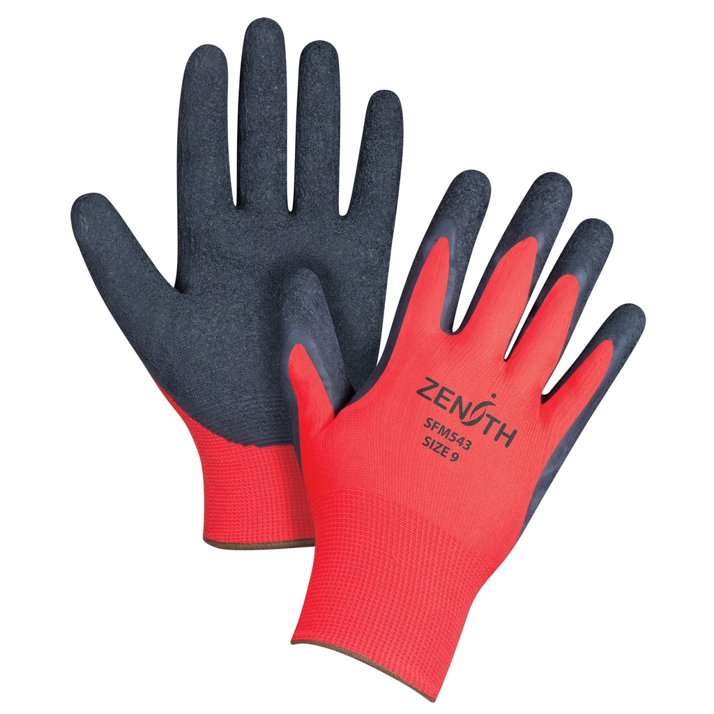 Gants enduits à prise crêpée noir & rouge taille Grand/9 Polyester paume enduite de Latex de caoutchouc