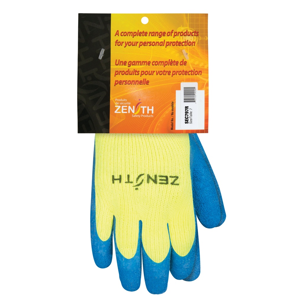 [ZEN-SEC797R] Gants haute visibilité doublés d'acrylique de caoutchouc naturel taille 7 Acrylique paume enduite de Latex de caoutchouc doublure Acrylique