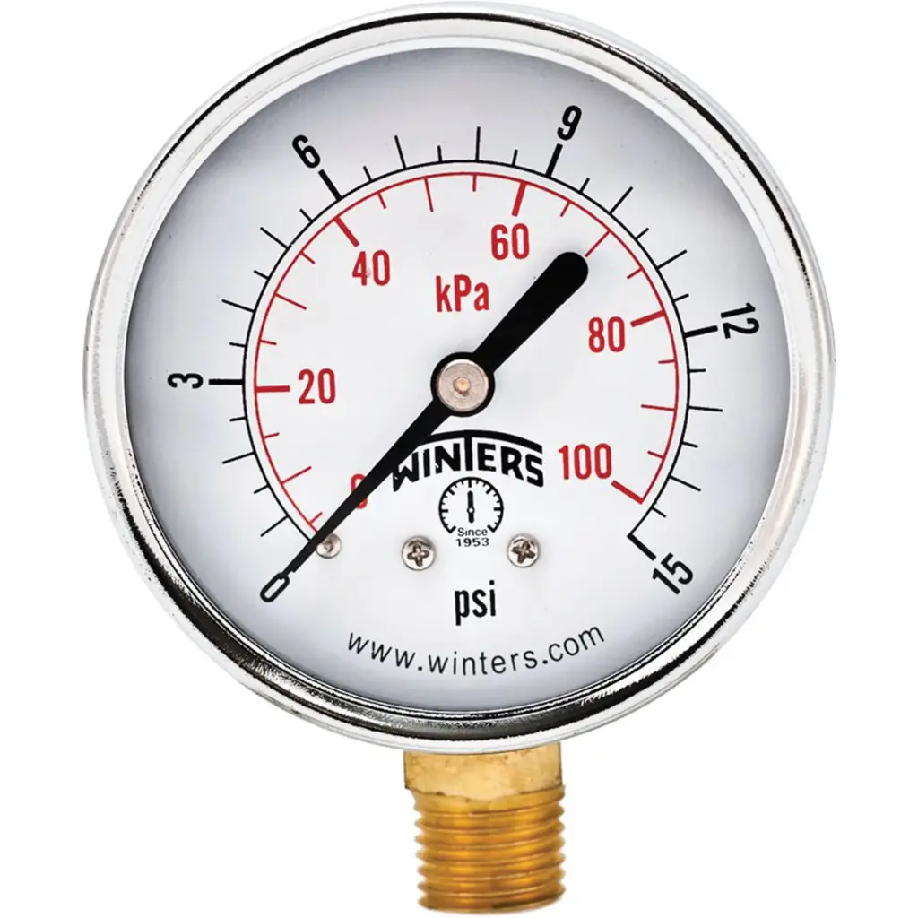 2-1/2" analog pressure gauge, 0-15 PSI / 0-100 kPa, bottom connection 1/4" NPT