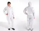 White SMS polypropylene coverall 50 GSM with elastic at the wrists and ankles and hood